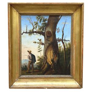 Oil On Canvas, Walker In Front Of A Tree, 19th