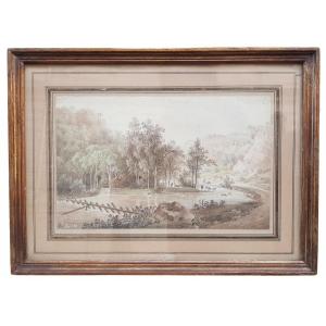 Watercolor, Landscape, Pond And Wood, Early 19th