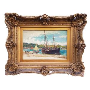 Oil On Cardboard, Port Scene By Evert Moll