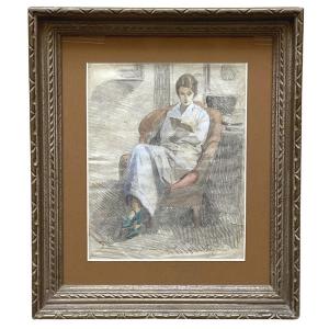 Watercolor Drawing, Reading By Alfred Bastien