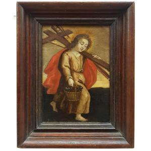 Huile Sur Cuivre, Jésus Et A Croix , Fin 17ème 