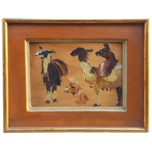 Oil On Cardboard, Lamas In Bolivia By Henri Sene