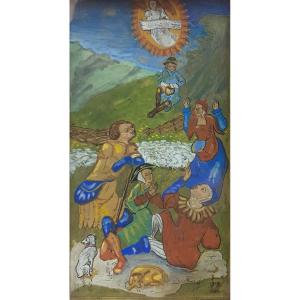 Small Gouache On Velin Framed Annunciation To The Shepherds Early 18th Century