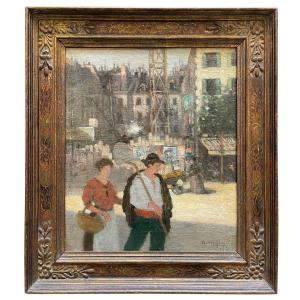 Oil On Canvas, Couple In Front Of A Building Under Construction, Dated 1913