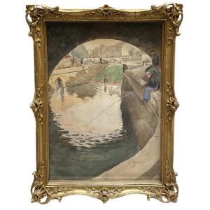 Watercolor, The Pont Neuf By Eugène-léon Lambert