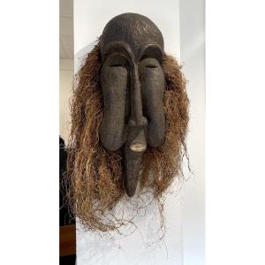 African Mask In Carved Wood, Raffia