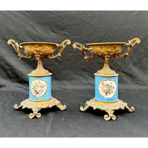 Pair Of Gilded Bronze And Sèvres Porcelain Cups