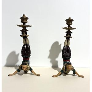 Pair Of Chinese Acrobatic Candlesticks