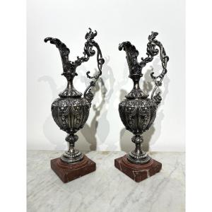 Pair Of Silver-plated Metal Ewers, Napoleon III Period - 19th Century