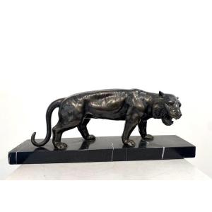 Bronze Sculpture Signed Limousin - Feline Panther On Marble Base