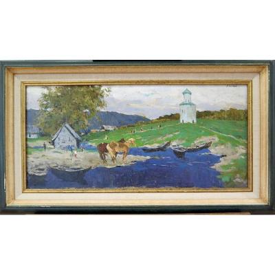 Russian School: Horses By The River