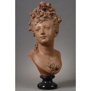 Bust Of A Young Woman With Roses - Albert-ernest Carrier-belleuse (1824-1887)