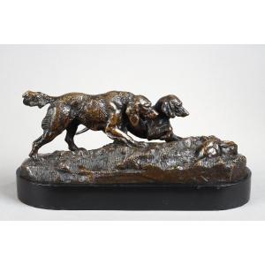 Two Dogs Pointing In Front Of A Rabbit - Antoine-louis Barye (1796-1875)