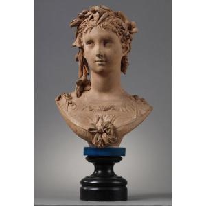 Bust Of A Young Girl Crowned With Lilies - Albert-ernest Carrier-belleuse (1824-1887)