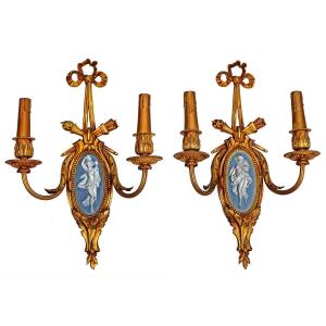 Pair Of Napoleon III Bronze & Porcelain Sconces