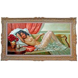 André David (19th-20th Century) Very Large Painting "reclining Nude"