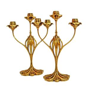 Georges De Feure (1868-1943) Pair Of Art Nouveau Candlesticks In Gilt Bronze