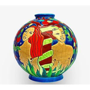Longwy Ball Vase "adam And Eve In The Garden Of Eden"