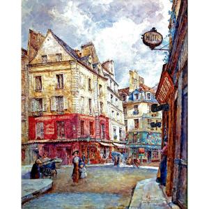 Bugnicourt (1868-1936) Large Watercolor Paris Busy Street In 1910
