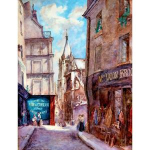 Bugnicourt (1868-1936) Large Watercolor Paris Busy Street In 1909