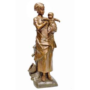 Léopold Steiner (1853-1899) Bronze 72 Cm Young Breton Woman And Her Child