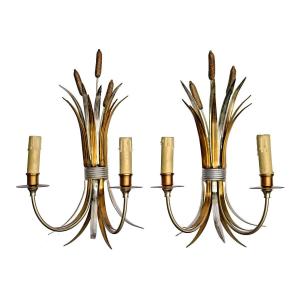 Maison Charles (signed) Pair Of Wall Lights 1970 Modèles "roseaux"