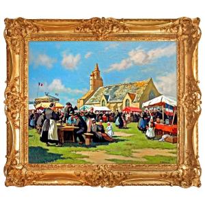 Henri Barnoin (1882-1940) Large Painting Depicting A Breton Festival In Finistère