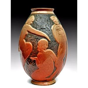 Large Art Deco Vase Signed Etling / Deblaize \ Guillard