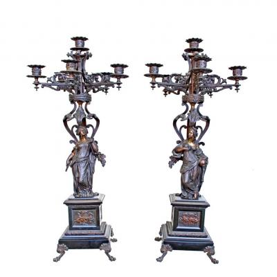 Pair Of Bronze Candelabra In The Nineteenth Vestal (h: 75 Cm)