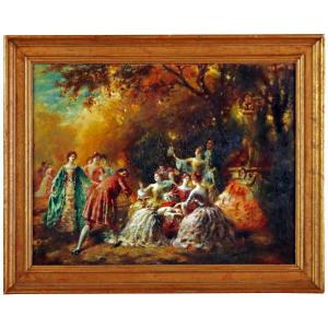 Monticelli (1824-1886) "élégantes" Large Oil On Mahogany Panel