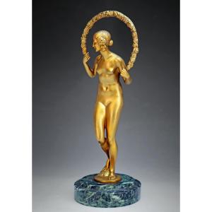 Joe Descomps (1869-1950) Art Deco Bronze Dancer With A Garland Of Flowers
