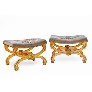 Pair Of Napoleon III Folding Shoes In Gilded Wood