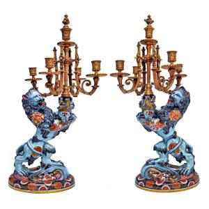 Emile Gallé (1846-1904) Pair Of Large Candelabra With Heraldic Lions