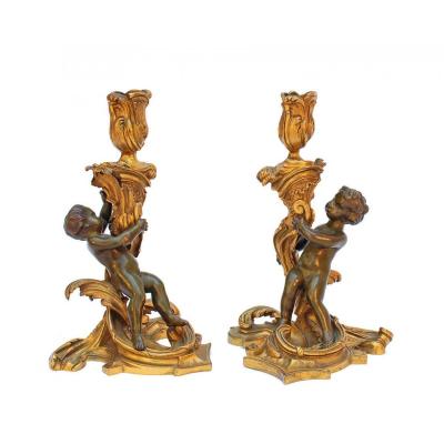 Pair Of Bronze Candlesticks After Just Aurèle Meissonnier (1695-1750)