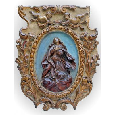 Altarpiece XVII Ascension Of The Virgin Golden Carved Wood Polychrome