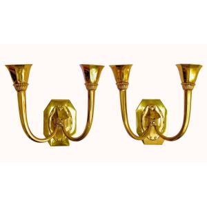 Capon Pair Of Art Deco Wall Lights In Gilt Bronze