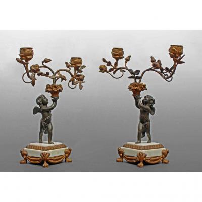 Pair Of Candlesticks In Louis XVI Bronze Decor Angels