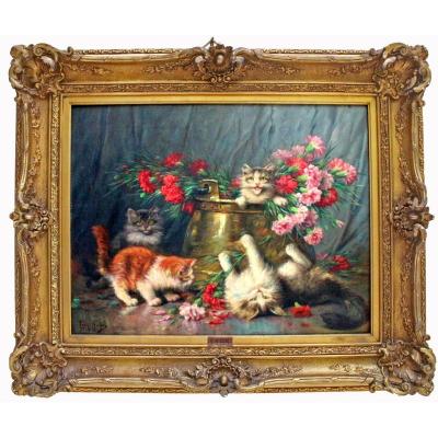 Léon Huber (1858-1928) Large Painting With Cats