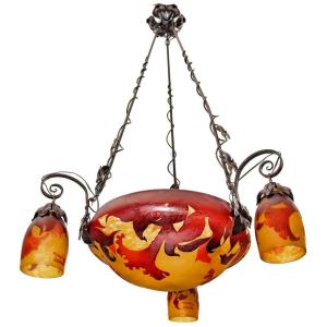 Muller Freres Luneville Art Deco Chandelier Engraved Decor