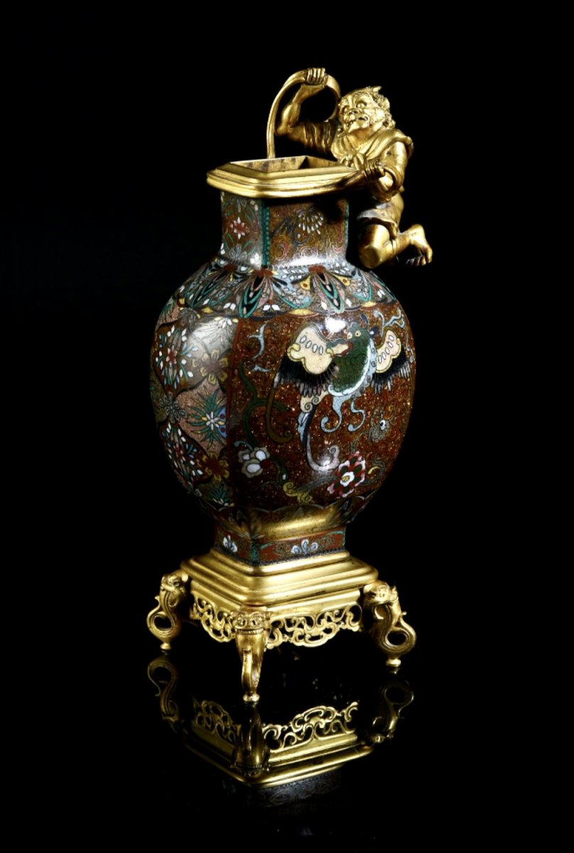 Vase En Email Closonne’ Du Japan E Bronze Cisele ‘ Et Dore ‘ 