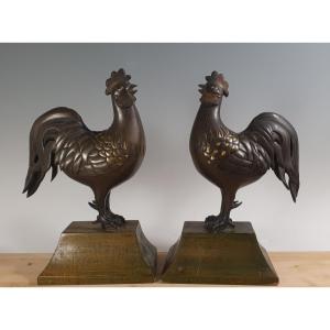 coppia di sculture giapponesi di gallo
