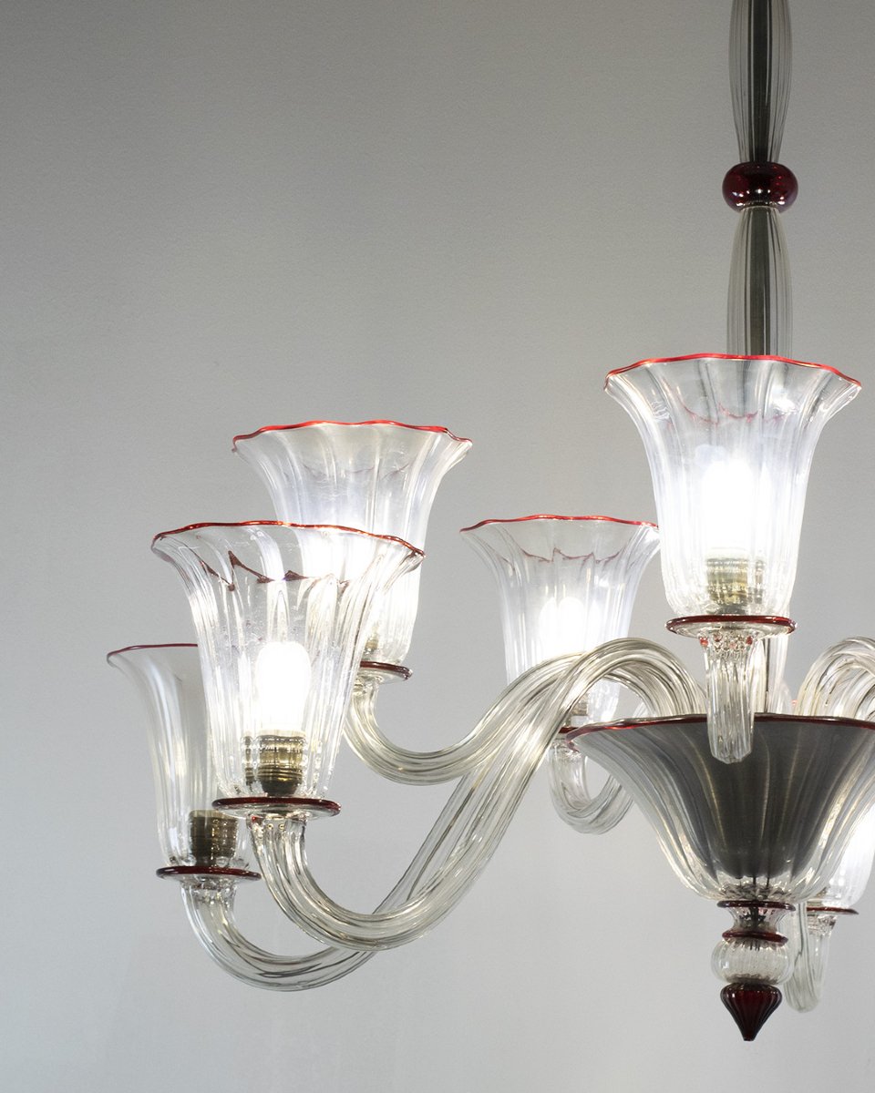 Lampadario 10 luci trasparente filo rosso, Napoleone Martinuzzi, Venini, 1928-30 ca.-photo-2