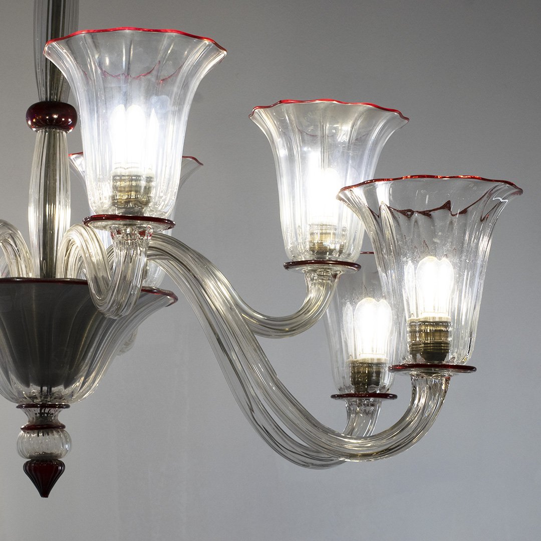 Lampadario 10 luci trasparente filo rosso, Napoleone Martinuzzi, Venini, 1928-30 ca.-photo-3