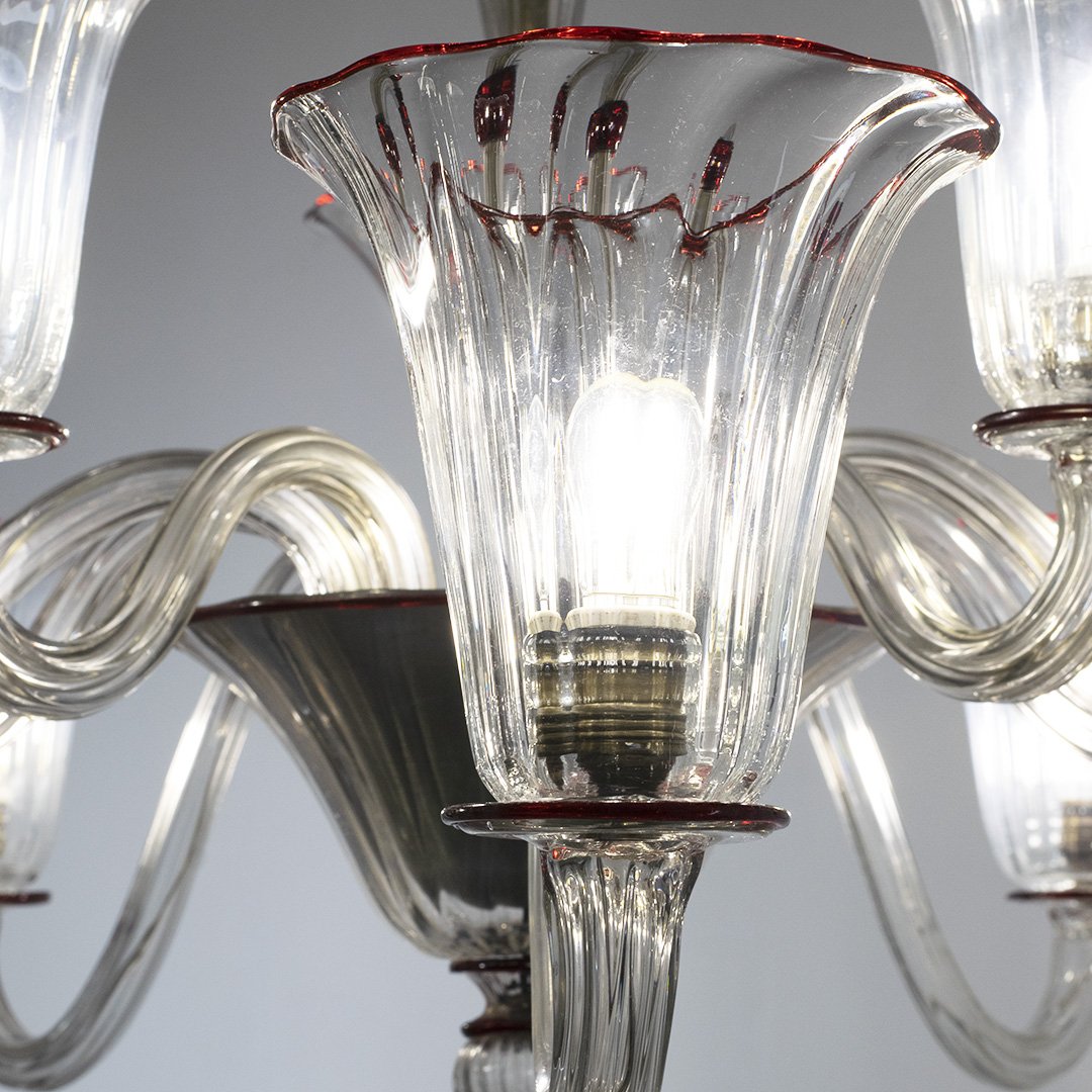 Lampadario 10 luci trasparente filo rosso, Napoleone Martinuzzi, Venini, 1928-30 ca.-photo-4