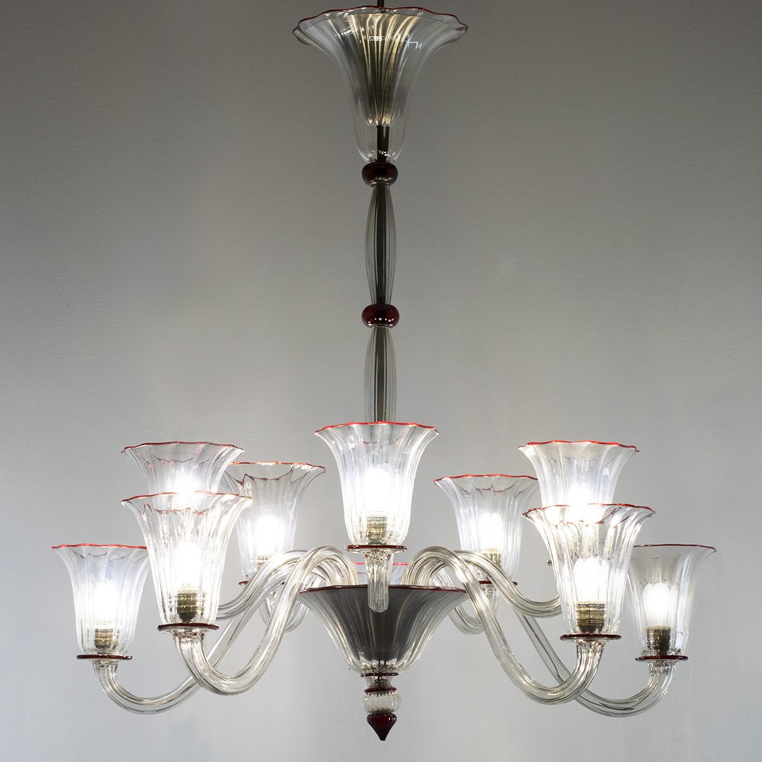 Lampadario 10 luci trasparente filo rosso, Napoleone Martinuzzi, Venini, 1928-30 ca.