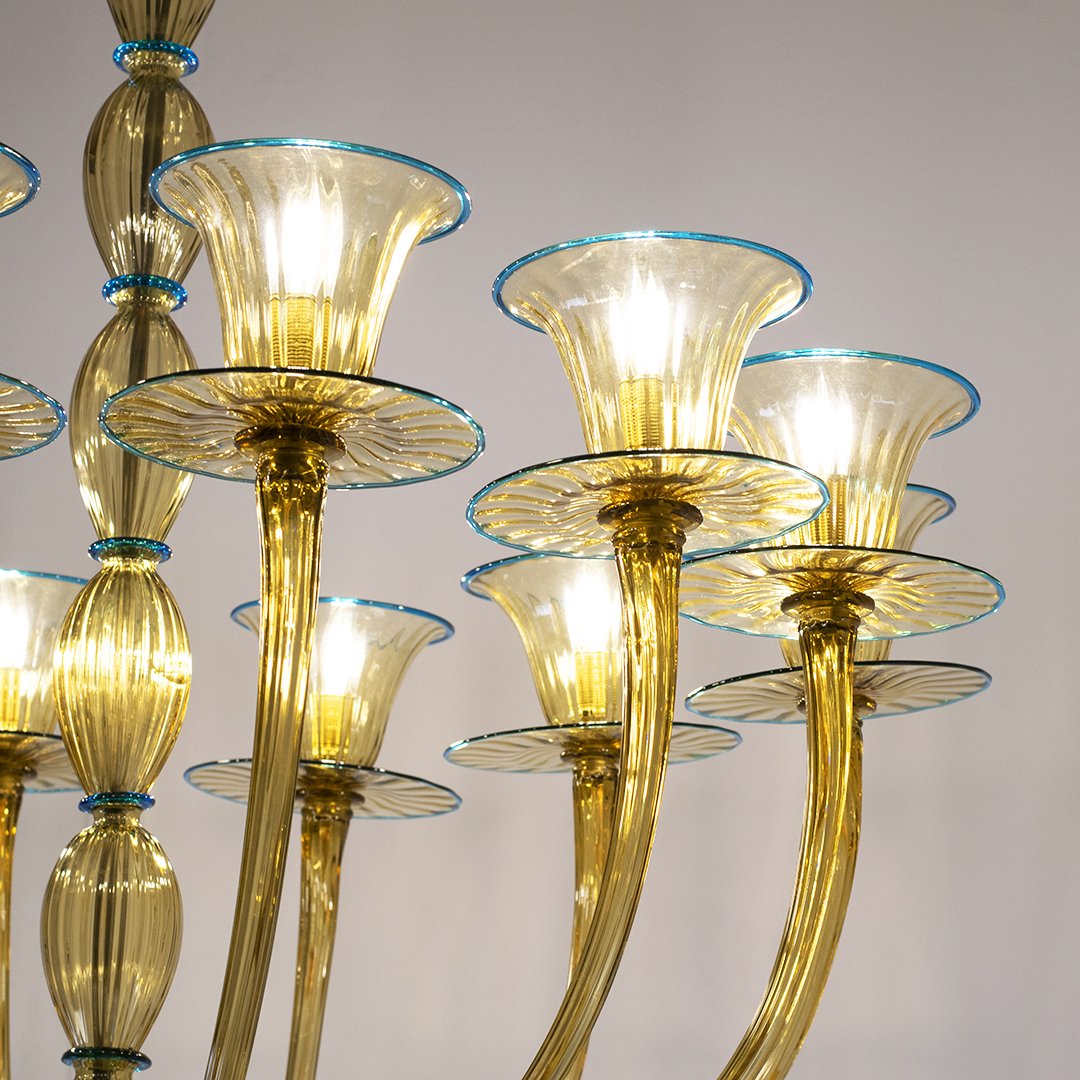 Lampadario in vetro di Murano 12 luci, pagliesco con filo blu, 1949 ca.-photo-3