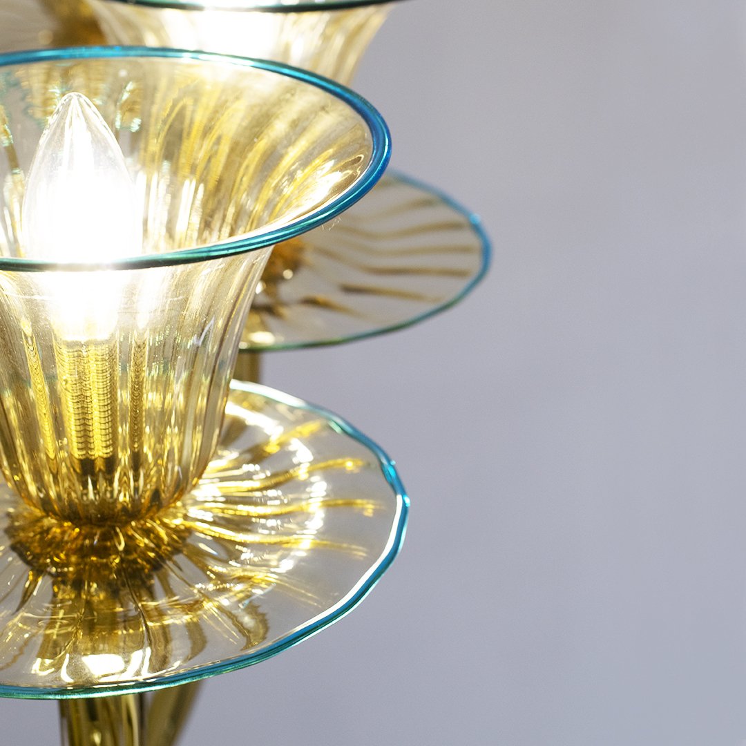 Lampadario in vetro di Murano 12 luci, pagliesco con filo blu, 1949 ca.-photo-4