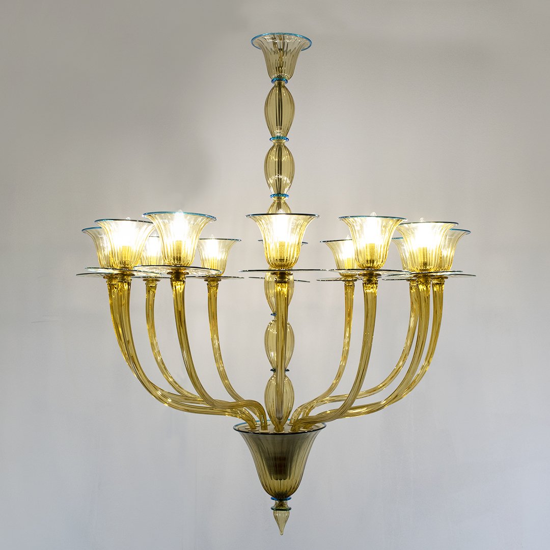 Lampadario in vetro di Murano 12 luci, pagliesco con filo blu, 1949 ca.