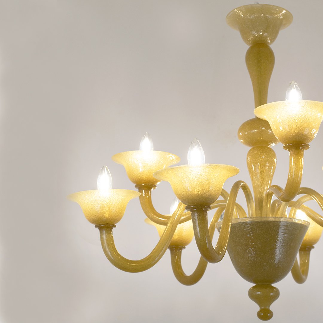Lampadario in vetro di Murano a 9 luci in vetro ambra pulegoso, 1950 ca.-photo-2