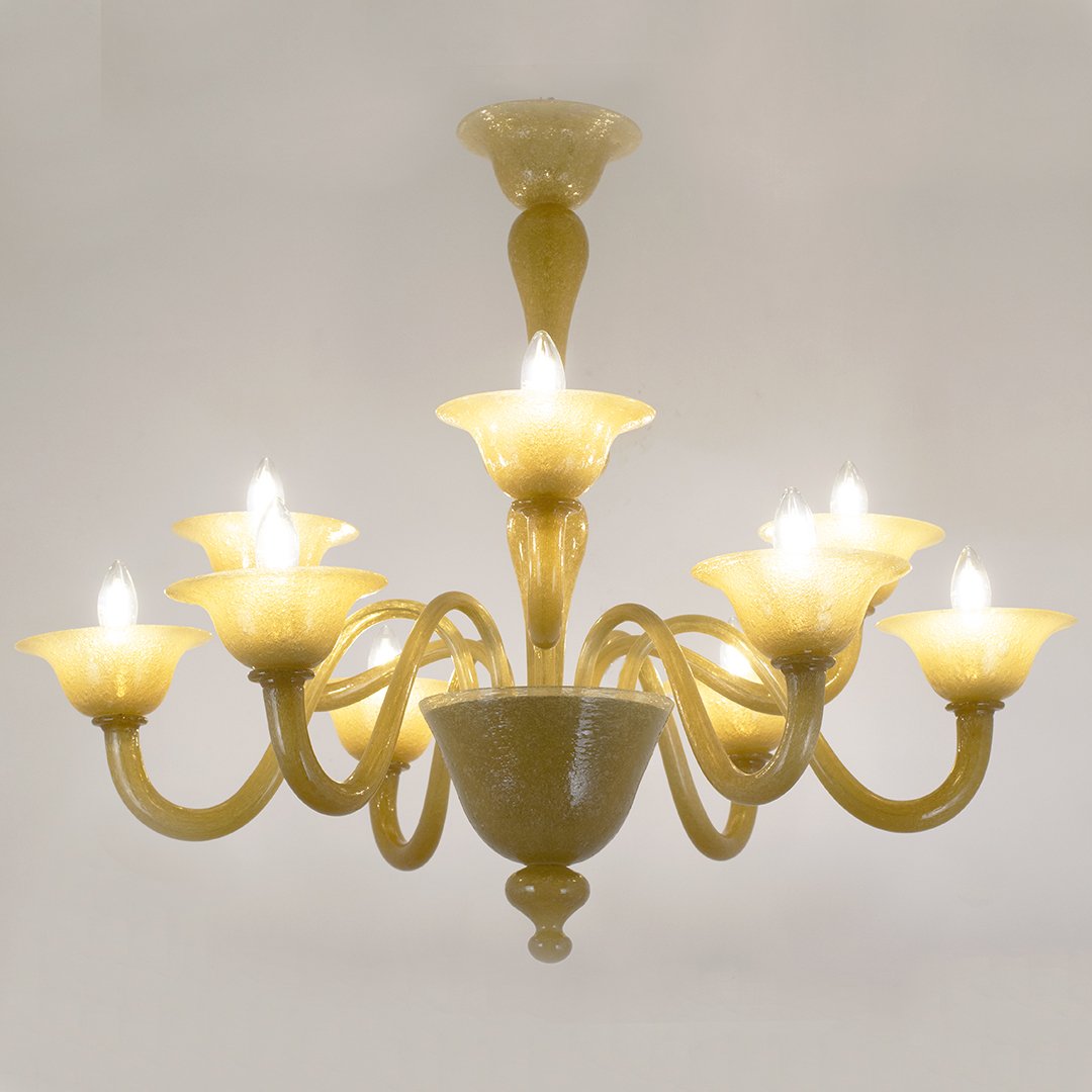 Lampadario in vetro di Murano a 9 luci in vetro ambra pulegoso, 1950 ca.